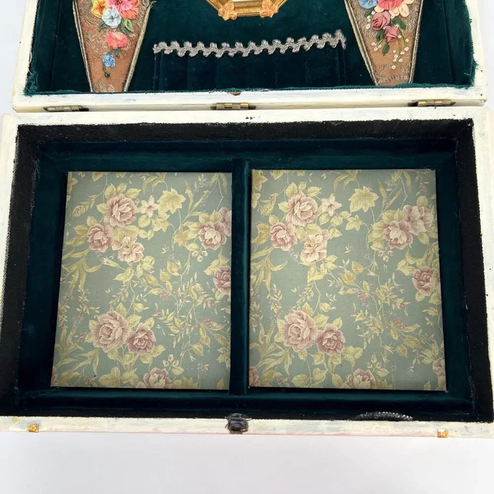 Custom Artisan Upcycled Trinket Sewing Box Decoupage Hand Painted Velvet Mirror